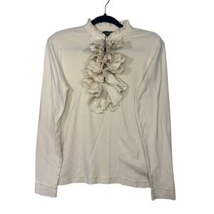 Lauren Jeans Co. Ruffle‎ Neck Long Sleeve Blouse Cream Size M Modern Romantic
